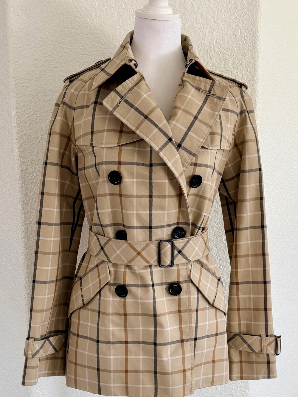 Coach Khaki Multi Plaid Double Breasted Short Trench Coat NWT F86437 Small
